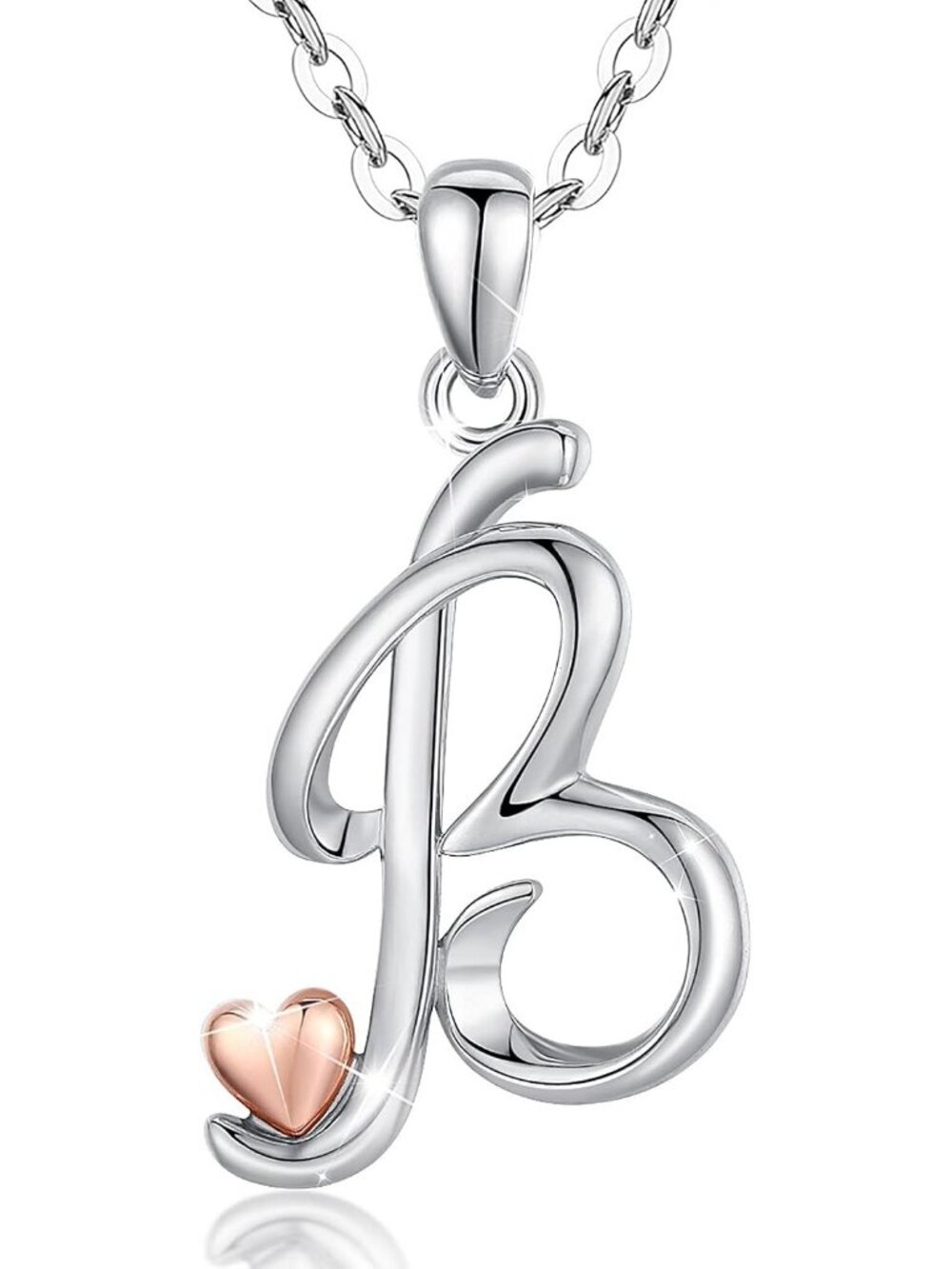 Women's Initial B Necklace Sterling Silver Letter Pendant Rose Gold Heart Chain